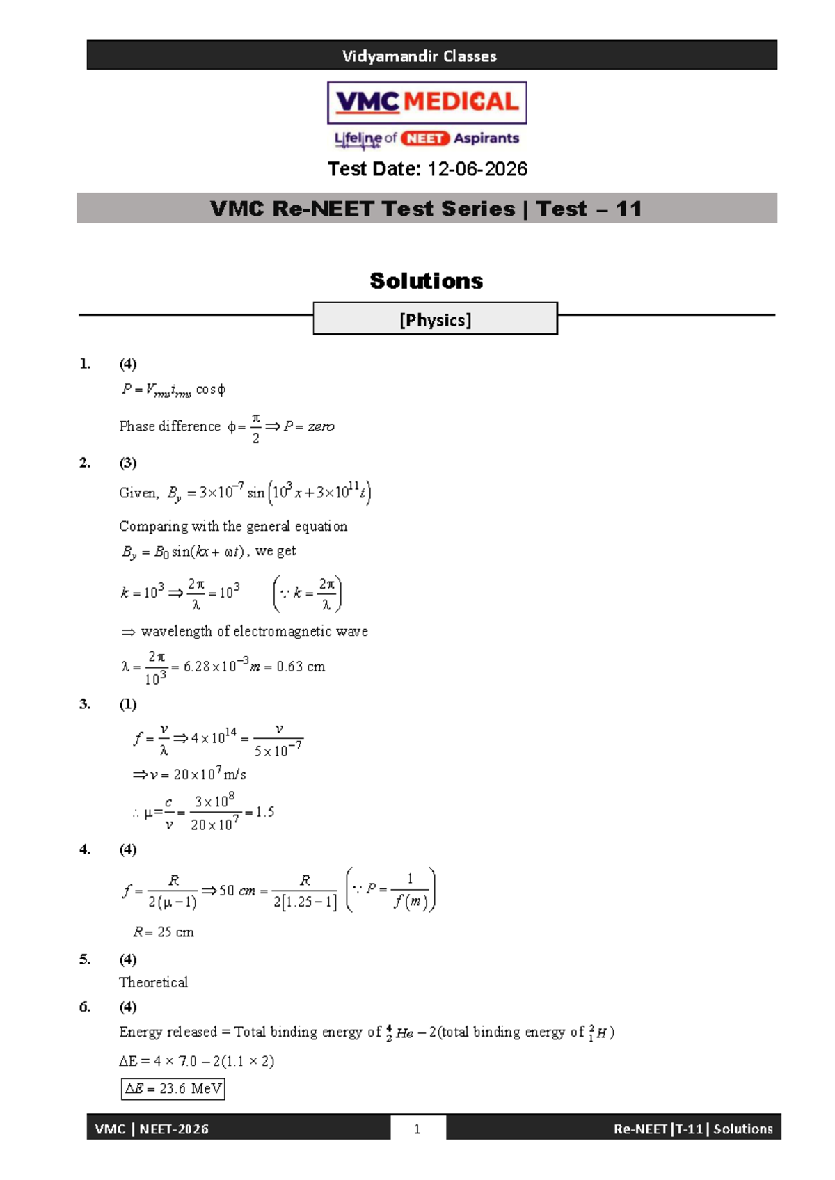 VMC Test Series Solutions for NEET Aspirants 2026 - Test 11 - Studocu
