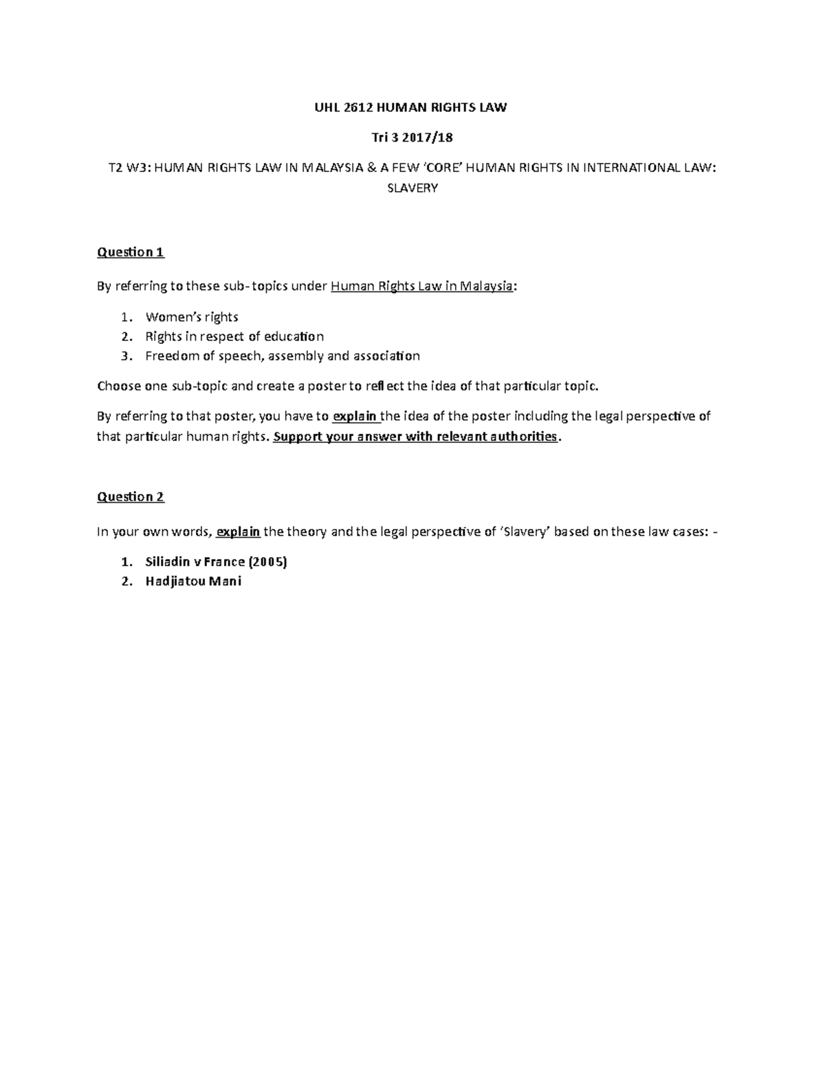 205155 T2 W3 - UHL 2612 HUMAN RIGHTS LAW Tri 3 T2 W3: HUMAN RIGHTS LAW ...