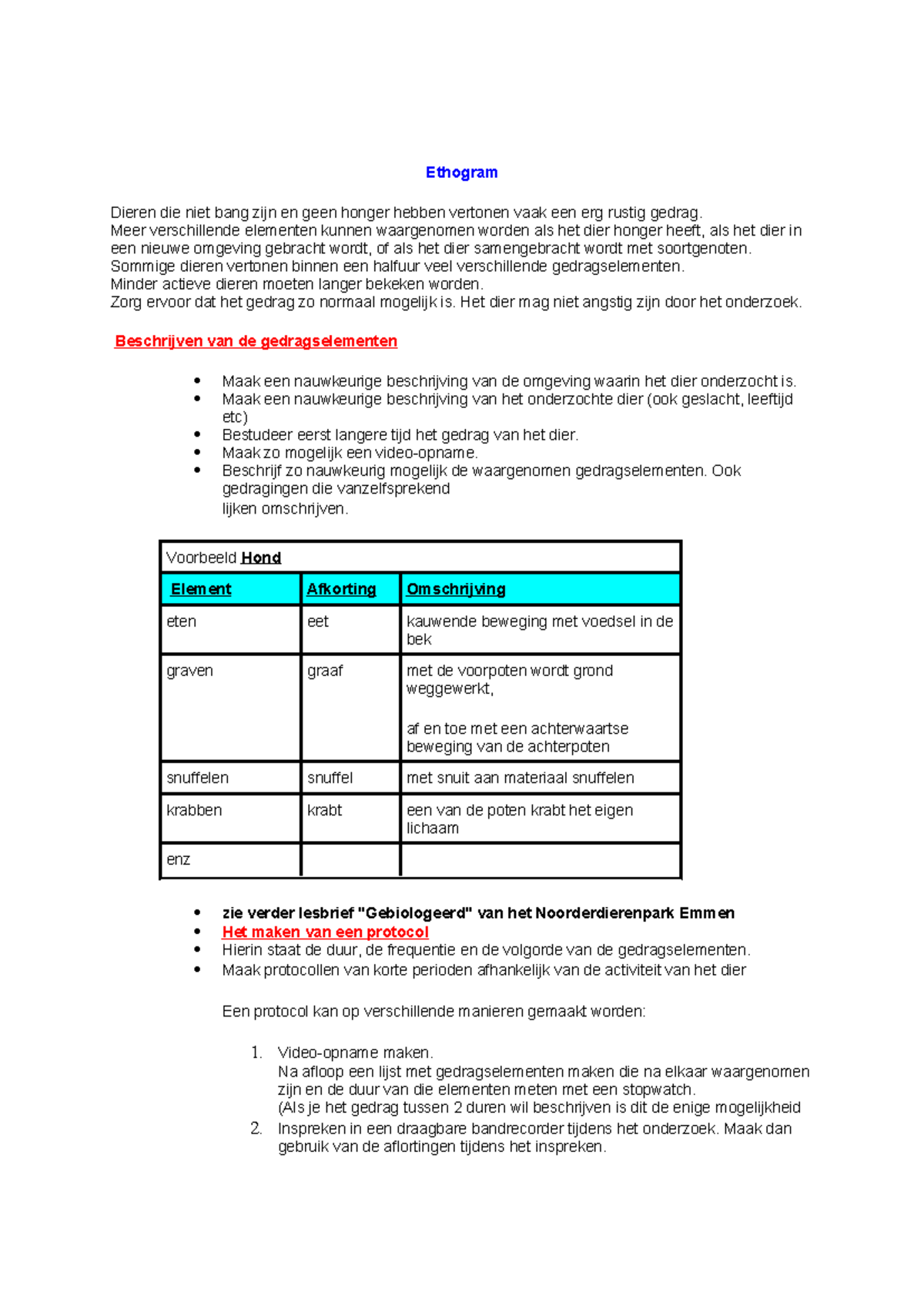H1 Ethogram Gedrag Observatie en Protocol Richtlijnen - Studeersnel