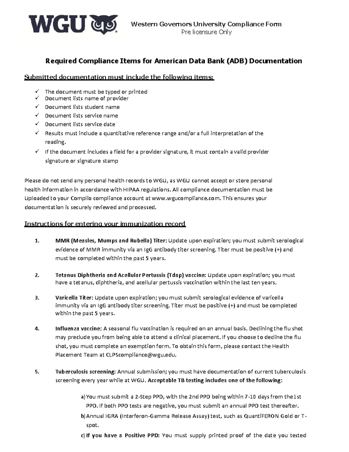 WGU Compliance Form: Pre-Licensure Required Documentation - Studocu