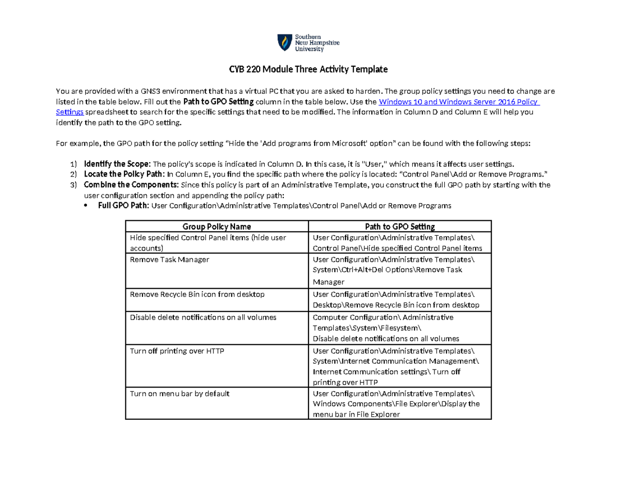 CYB 220 Module 3 GPO Hardening Activity Template - Studocu