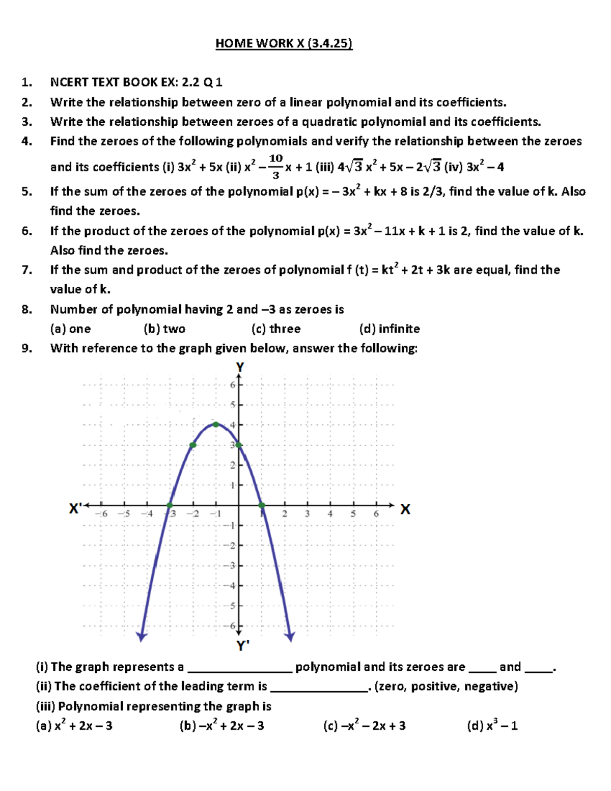 HOME WORK X (3 - Hard questions - HOME WORK X (3.4) 1. NCERT TEXT BOOK ...