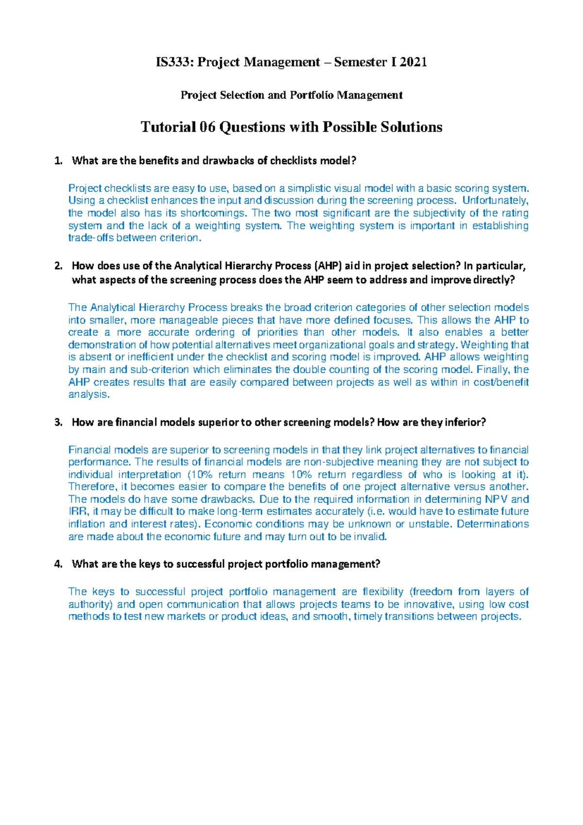 Tutorial Week 4 with Questions and Possible Solutions - IS333: Project ...