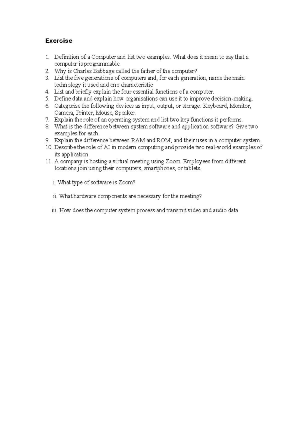 CS101 Tutorial Questions: Understanding Computers and Their Functions ...
