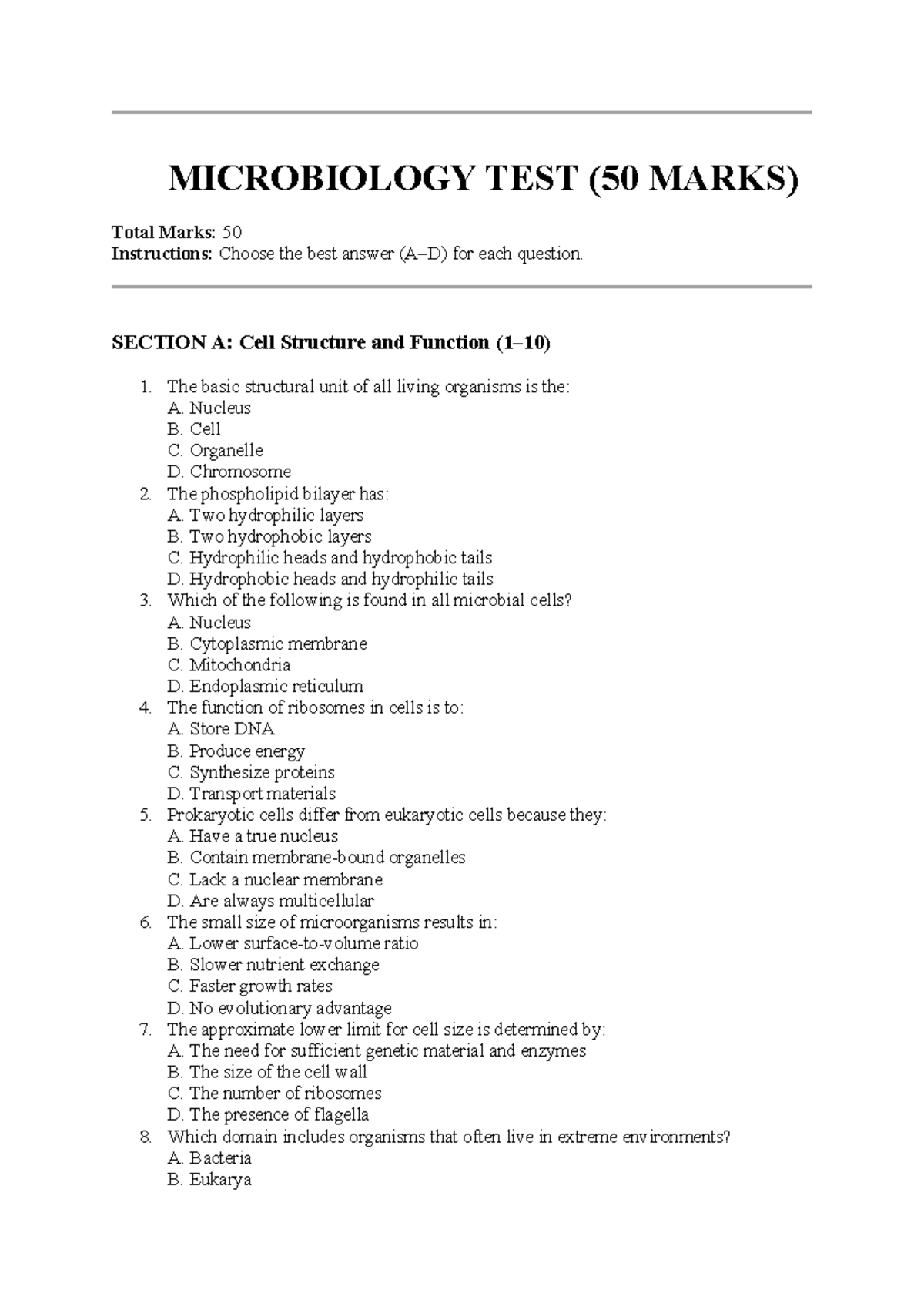 MICROBIOLOGY TEST (50 MARKS) - Practice Questions & Answers - Studocu