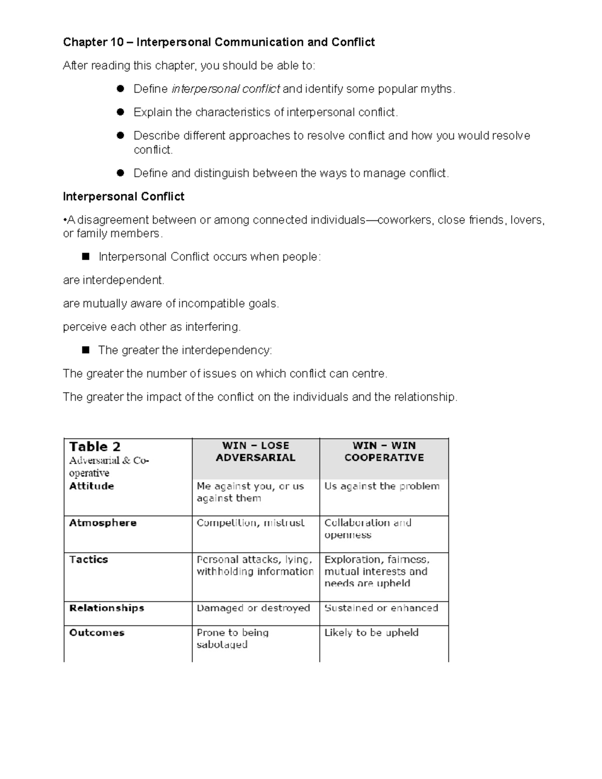 Summary Notes Chapter 10: Interpersonal Communication & Conflict ...