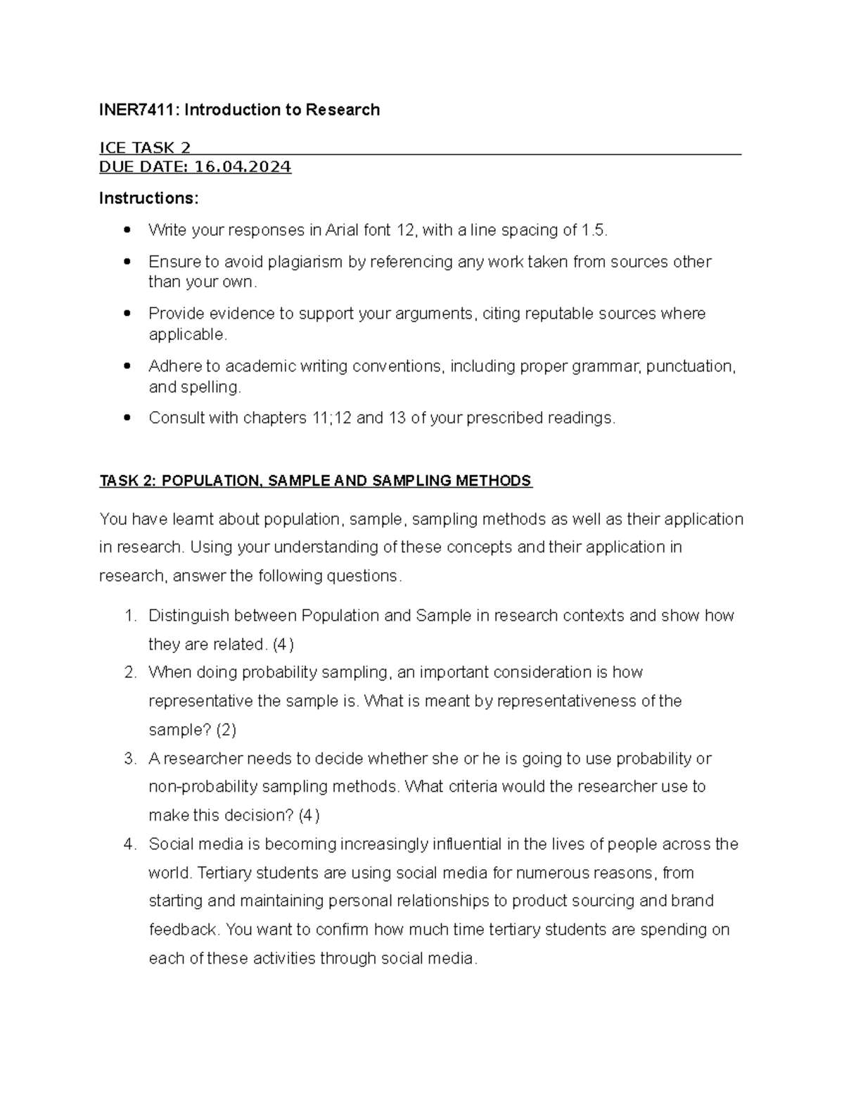 INER7411 ICE TASK 2: Population, Sample & Sampling Methods Analysis ...