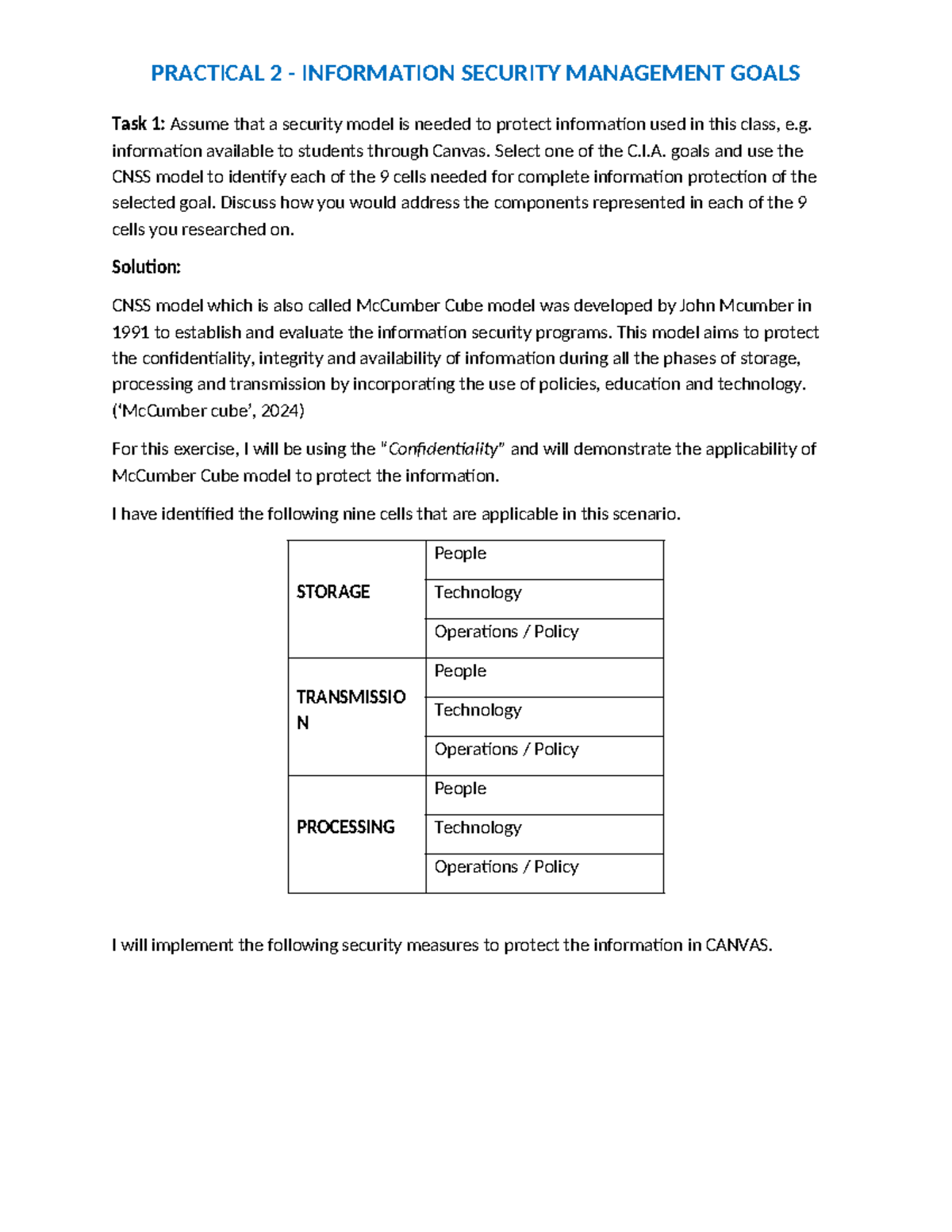 Practical 2 - Information Security Management Goals 1 - Task 1: Assume ...