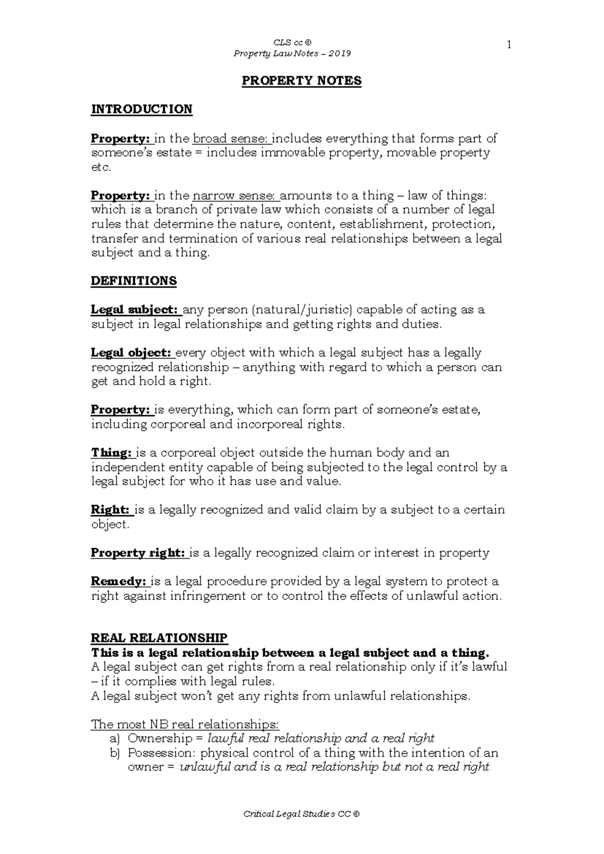 Property Law Comprehensive Notes – 2019 (Course Code: LAW101) - Studocu