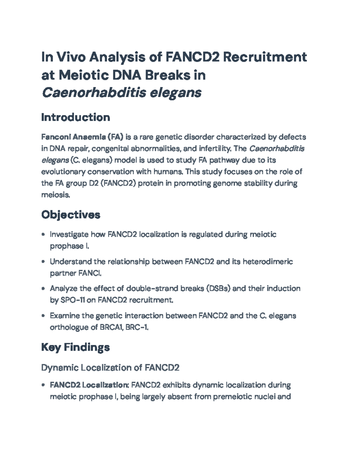 In Vivo Study of FANCD2 Recruitment During Meiotic DNA Breaks in C ...