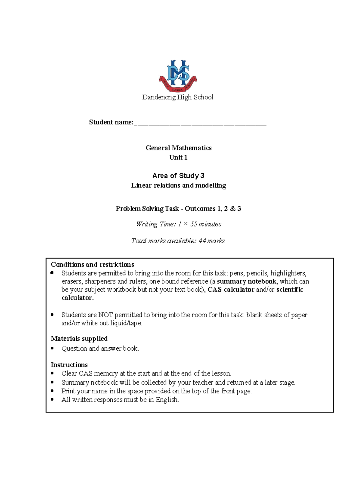 2025 General Maths Unit 1 Area of Study 3 Practice SAC on Linear Relations - Document Preview