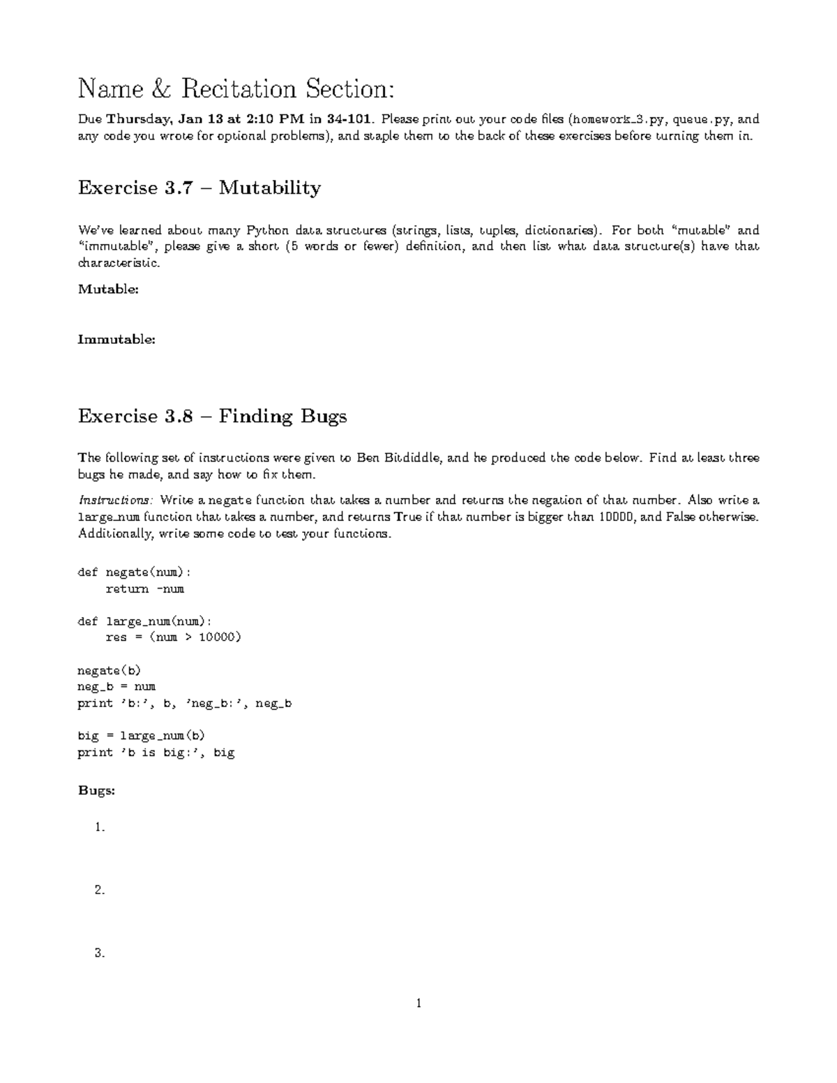 MIT6 189 IAP 11 Homework 3: Python Exercises and Bug Fixes - Studocu