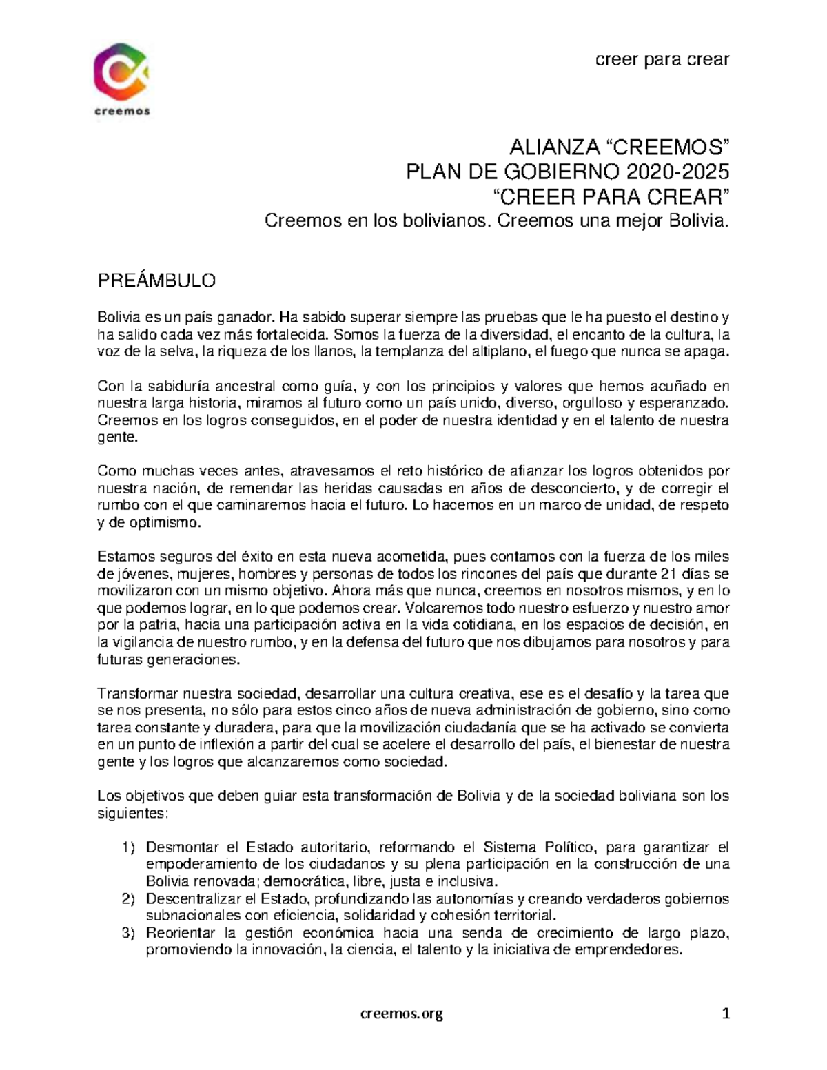 Creemos en los Bolivianos: Plan de Gobierno 2025-2030 - Studocu