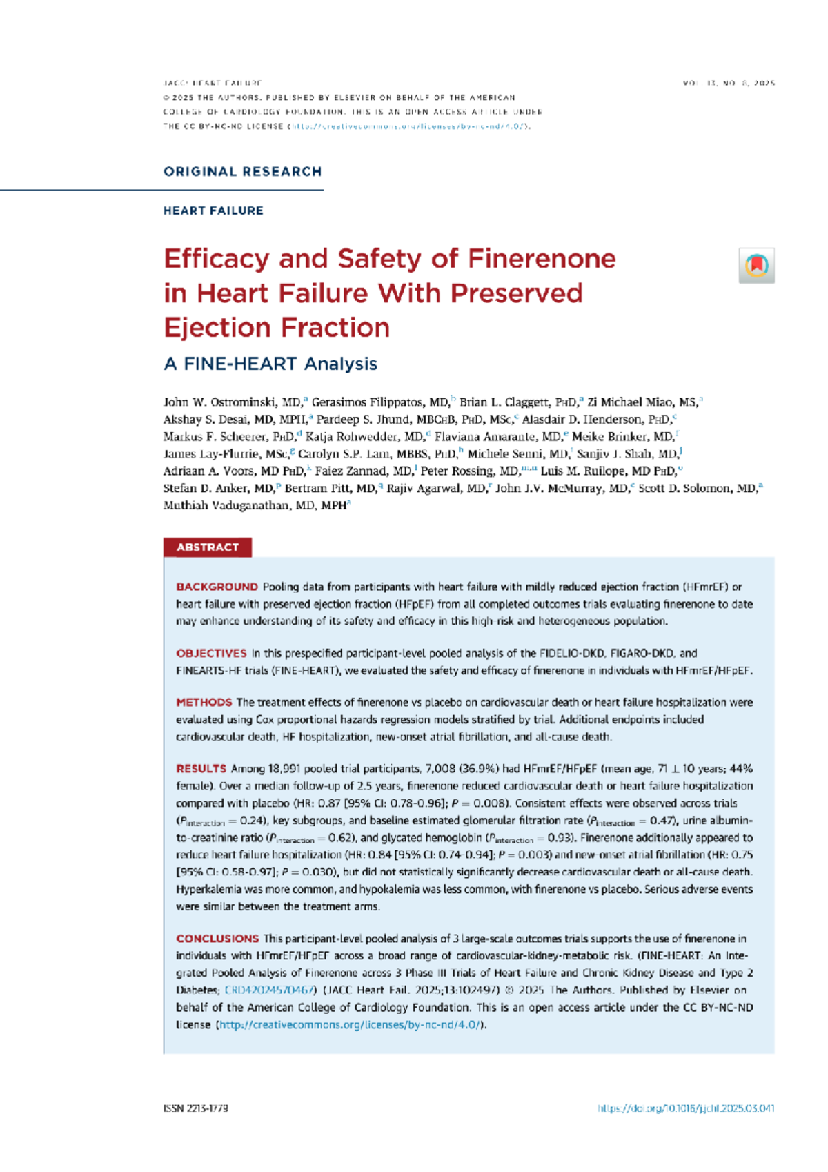 JACC: Heart Failure - Efficacy & Safety of Finerenone in HFpEF 2025 ...
