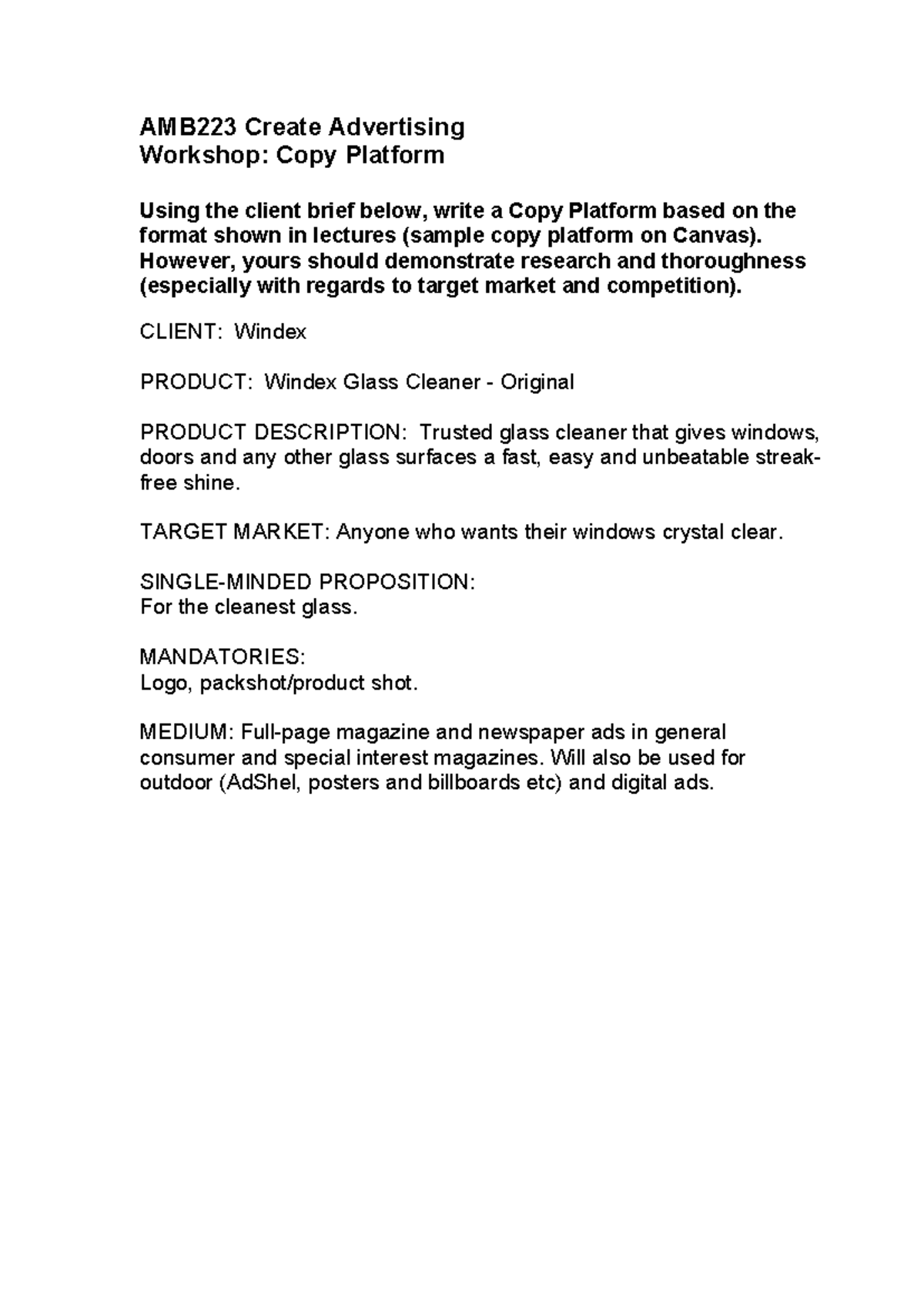 AMB223 Copy Platform Workshop: Windex Glass Cleaner Strategy - Studocu