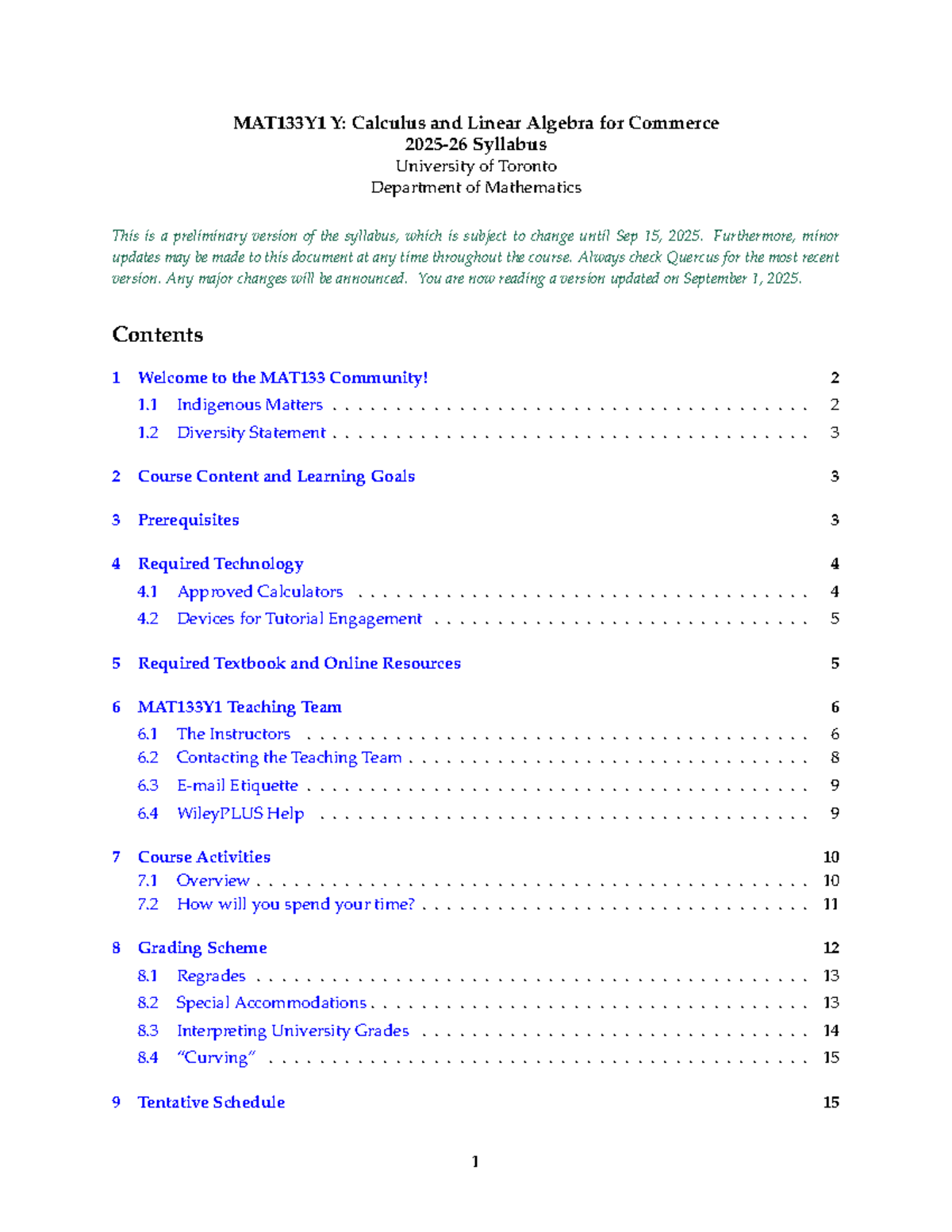 MAT133Y1: 2025 Calculus & Linear Algebra Syllabus - UofT - Studocu