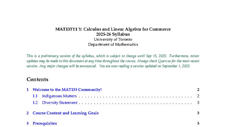 MAT133Y1: 2025 Calculus & Linear Algebra Syllabus - UofT - Studocu