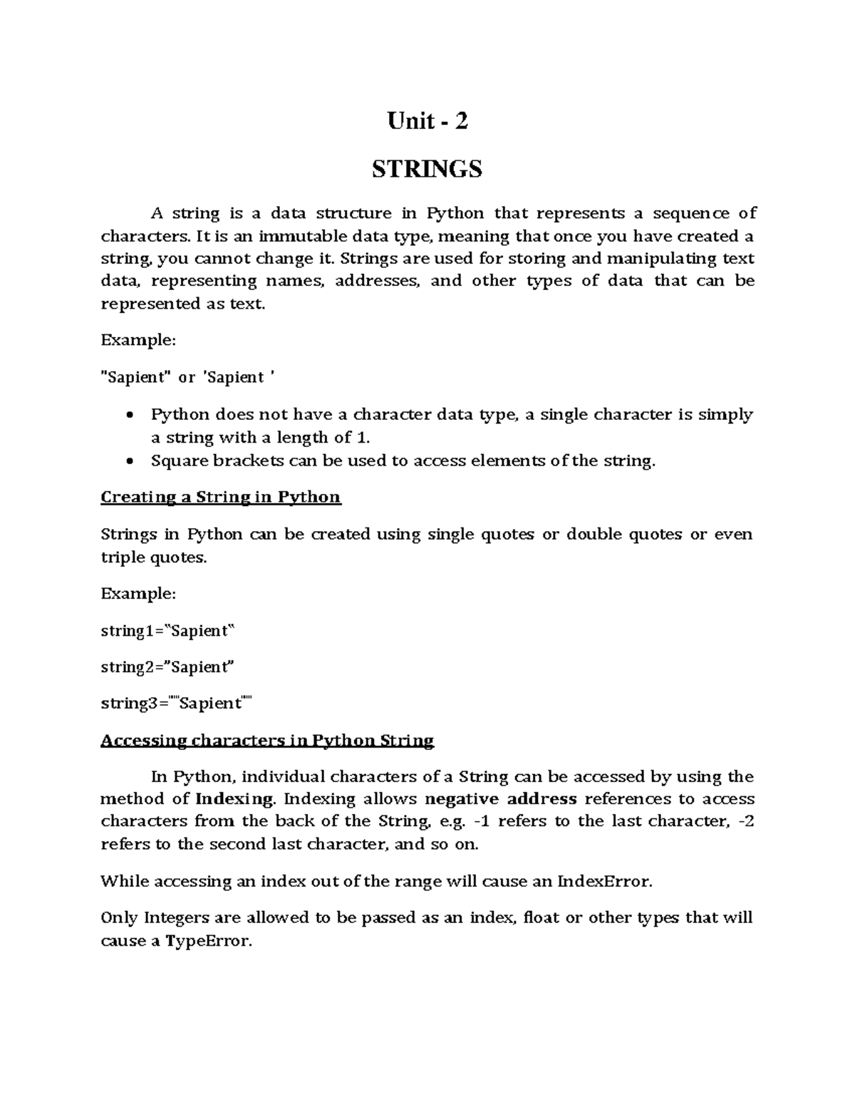 Unit 2: Python Strings - Data Structure Overview and Operations - Studocu
