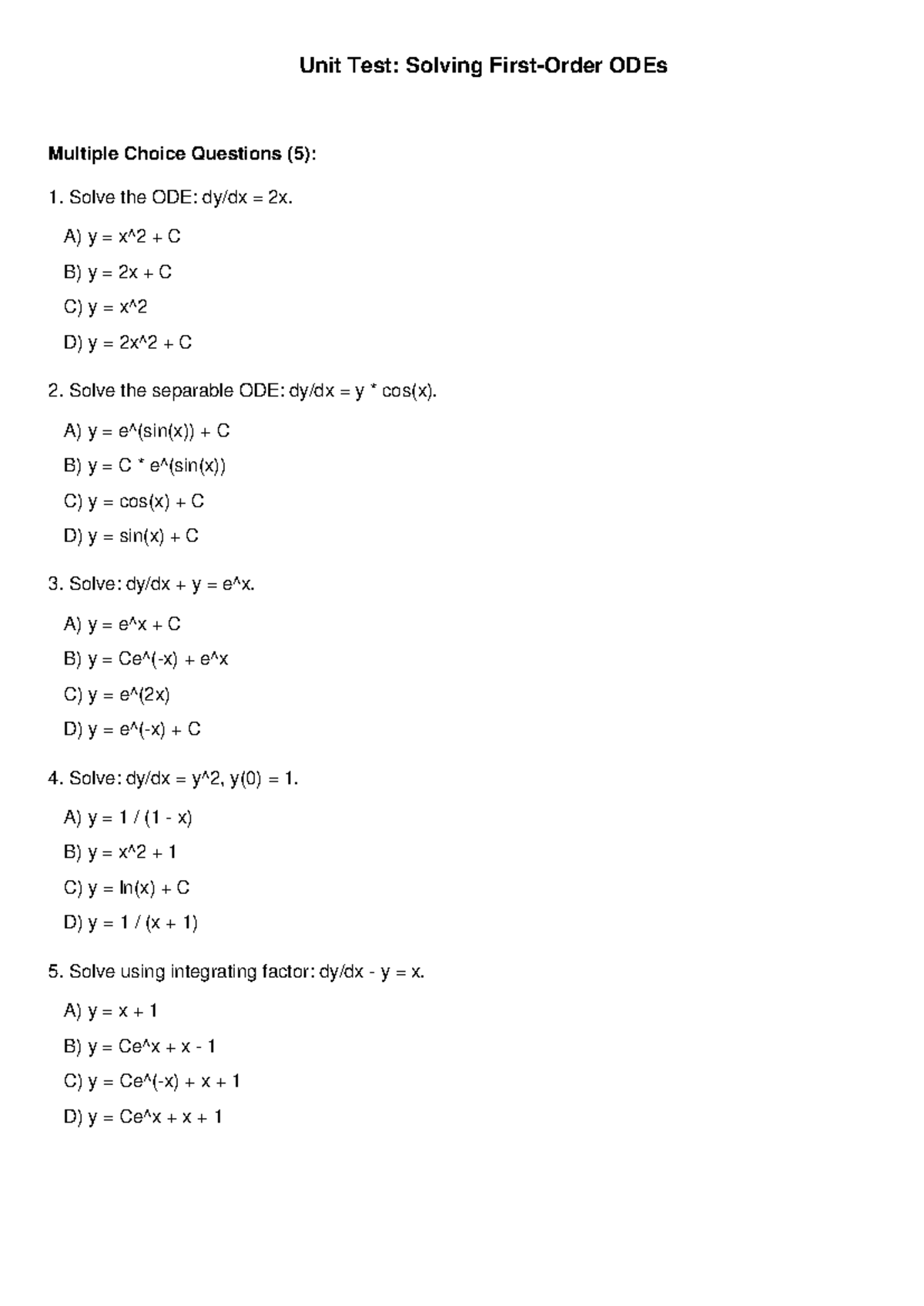 ODE Unit Test: Multiple Choice & Short Answer Questions (5) - Studocu