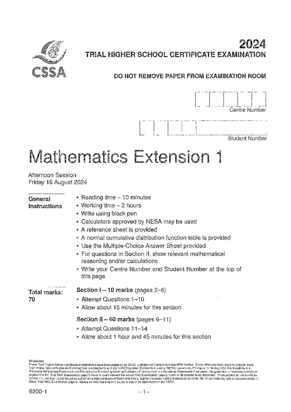 2024 Year 12 Mathematics Extension 1 T4 Exam Paper - Studocu