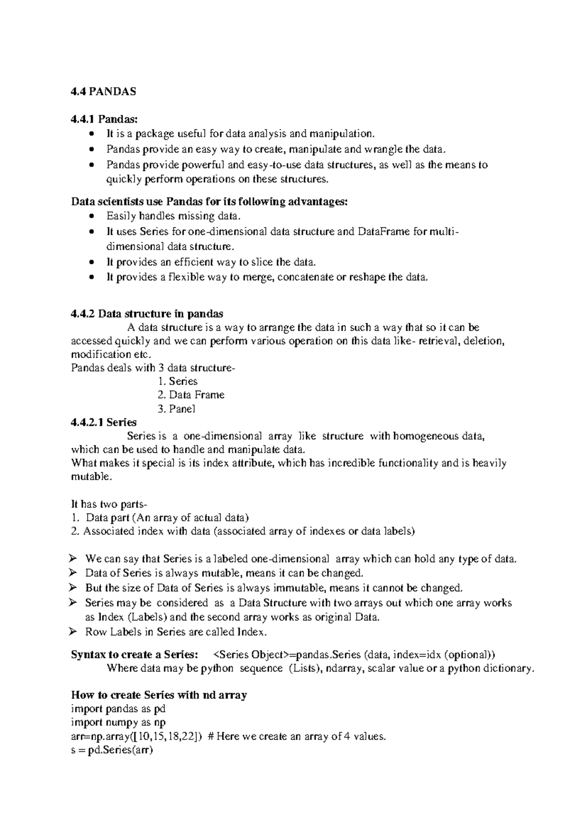 Unit IV Part 6: Exploring Pandas Data Structures and Series - Studocu