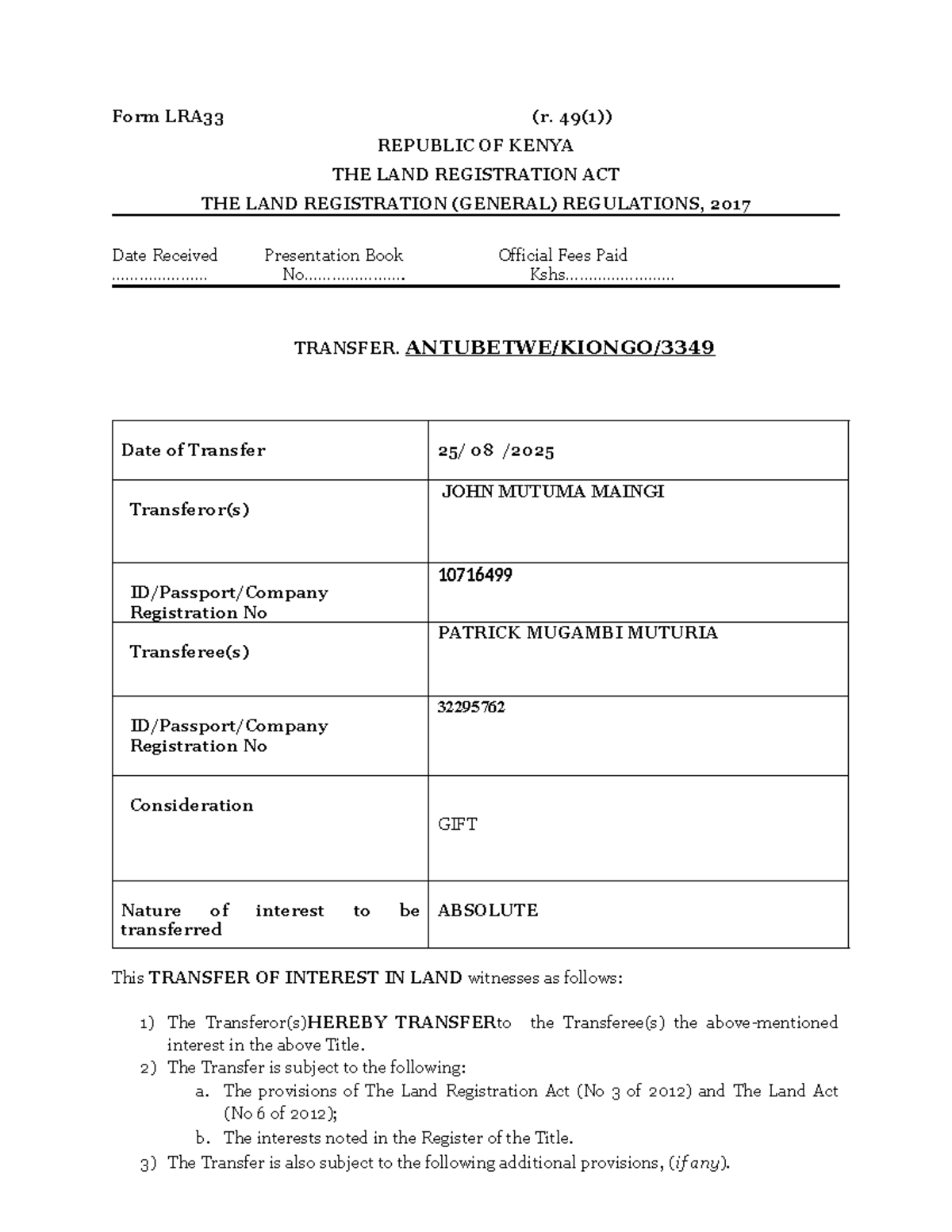 LRA33 Transfer of Interest in Land - John Mutuma Maingi - Studocu