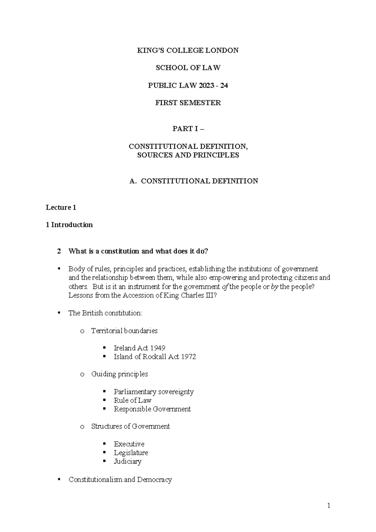 Public Law Lecture Notes 2023-24: Constitutional Foundations and ...