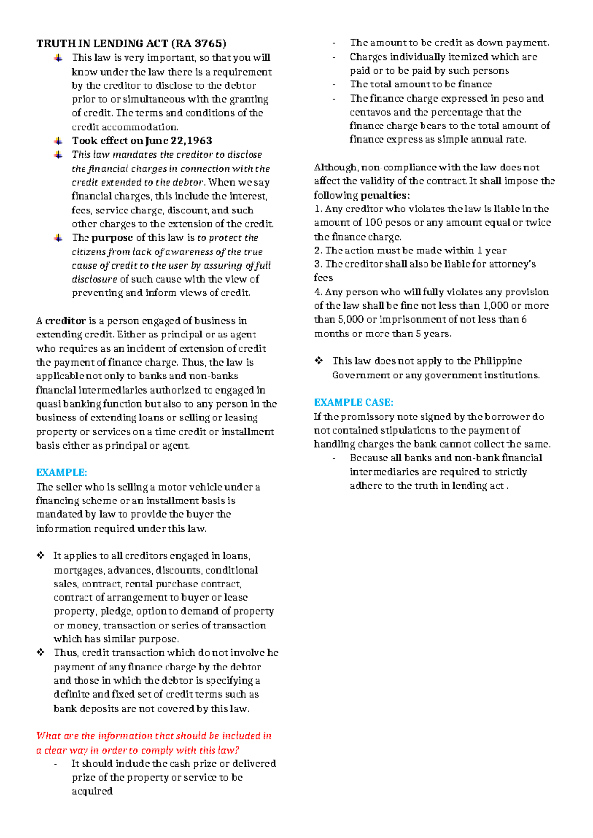 Truth in Lending Act Overview and Guideline - RA 3765 - Studocu