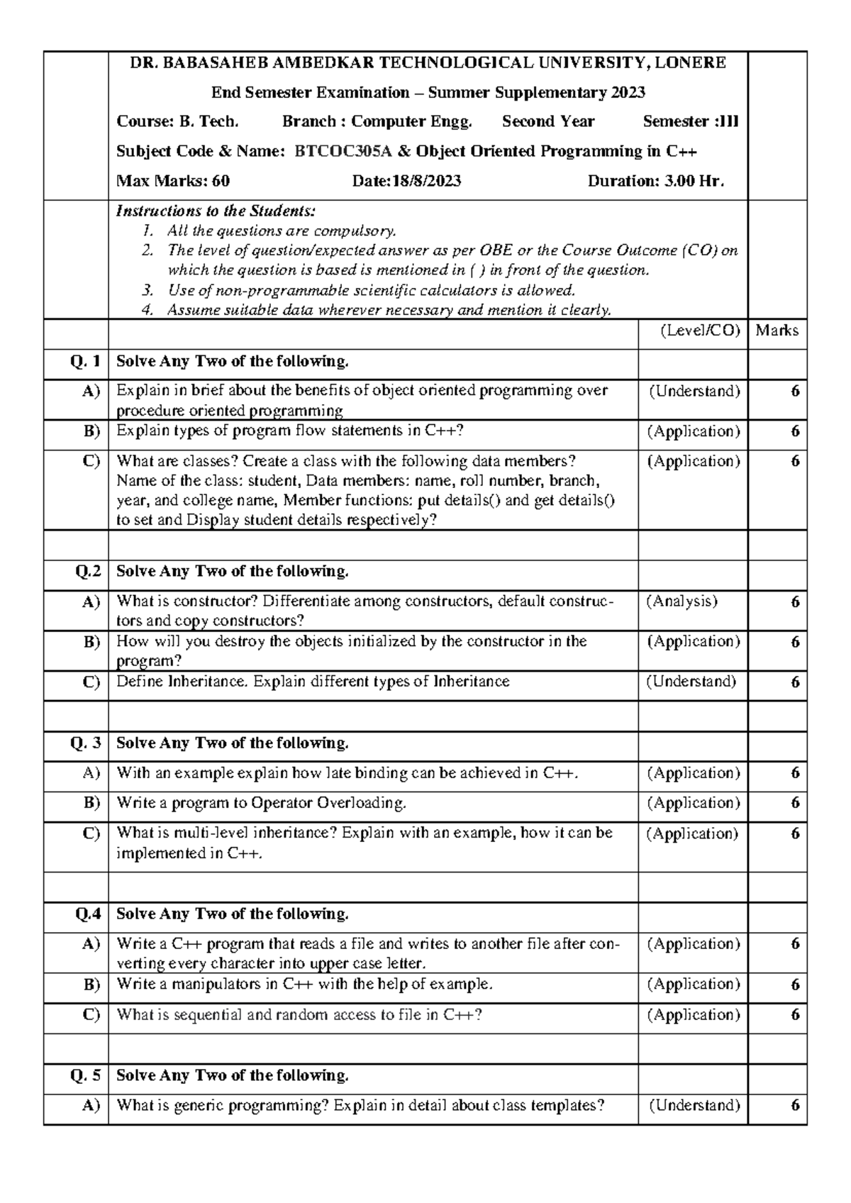 End Sem Exam BTCOC305A: Object Oriented Programming C++ 2023 - Studocu