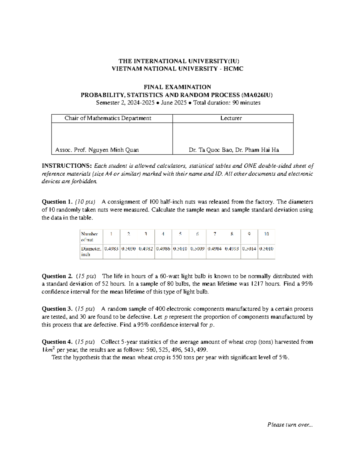Probabilities & Statistics Final Exam (MA026IU) - Spring 2025 - Studocu
