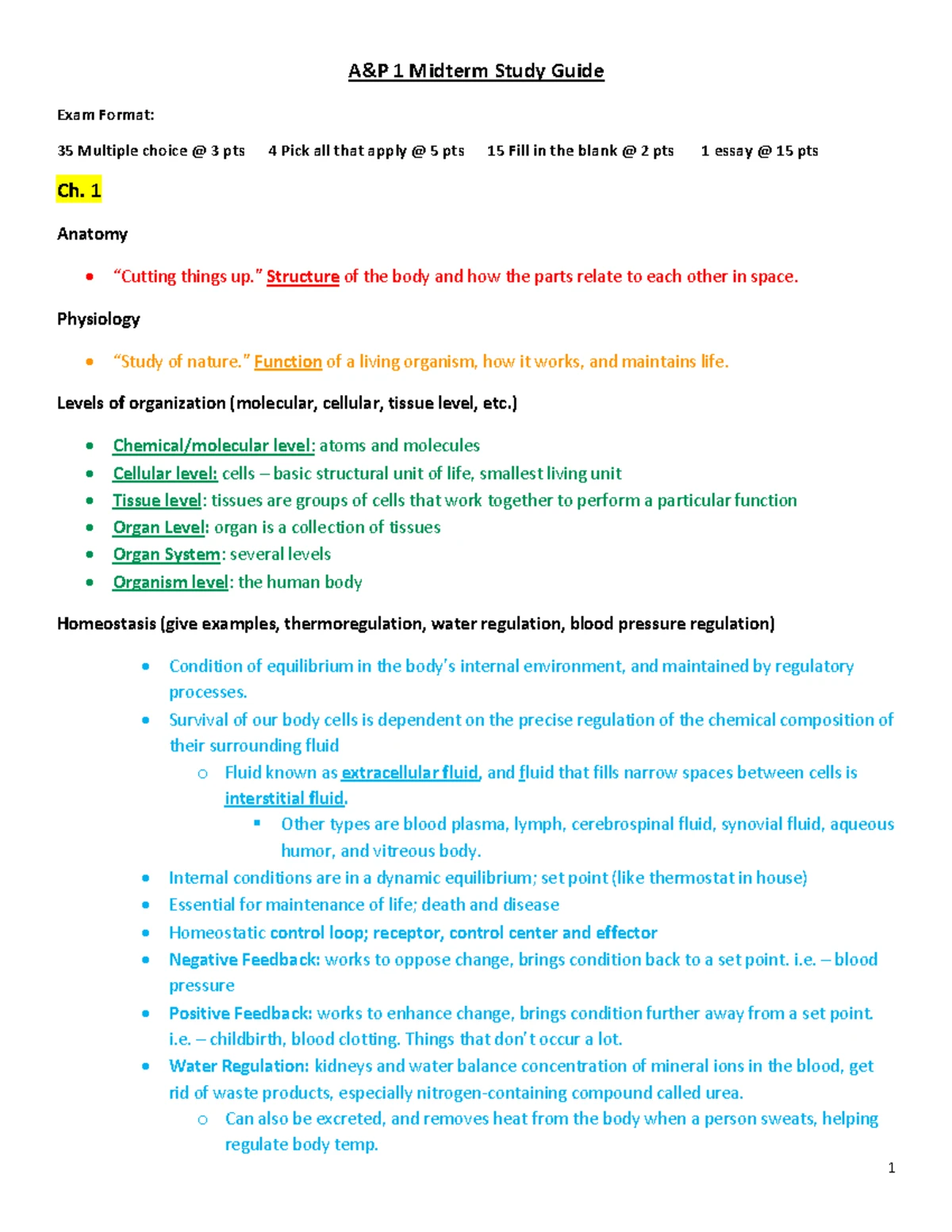Weeks 1 and 2 exam - ZOOM BIOS251 Exam 1 Study Guide May 2021 The ...
