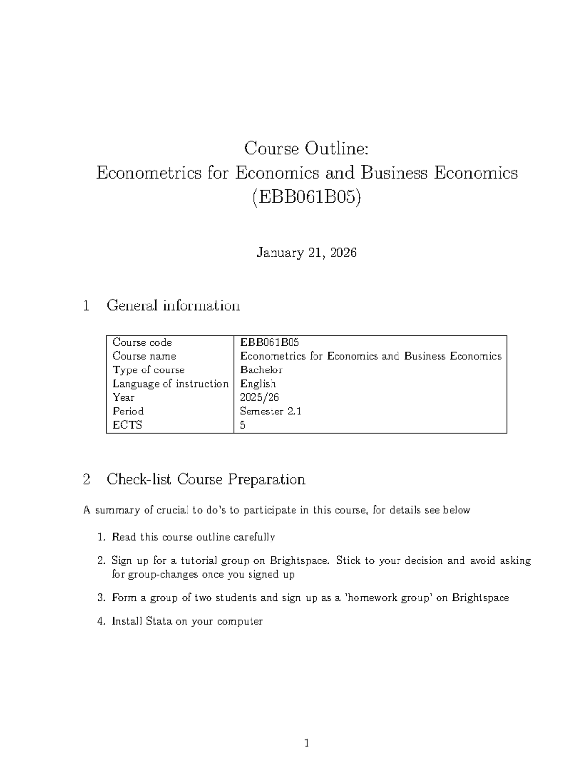 Econometrics Course Manual (EBB061B05) - January 2026 - Studeersnel