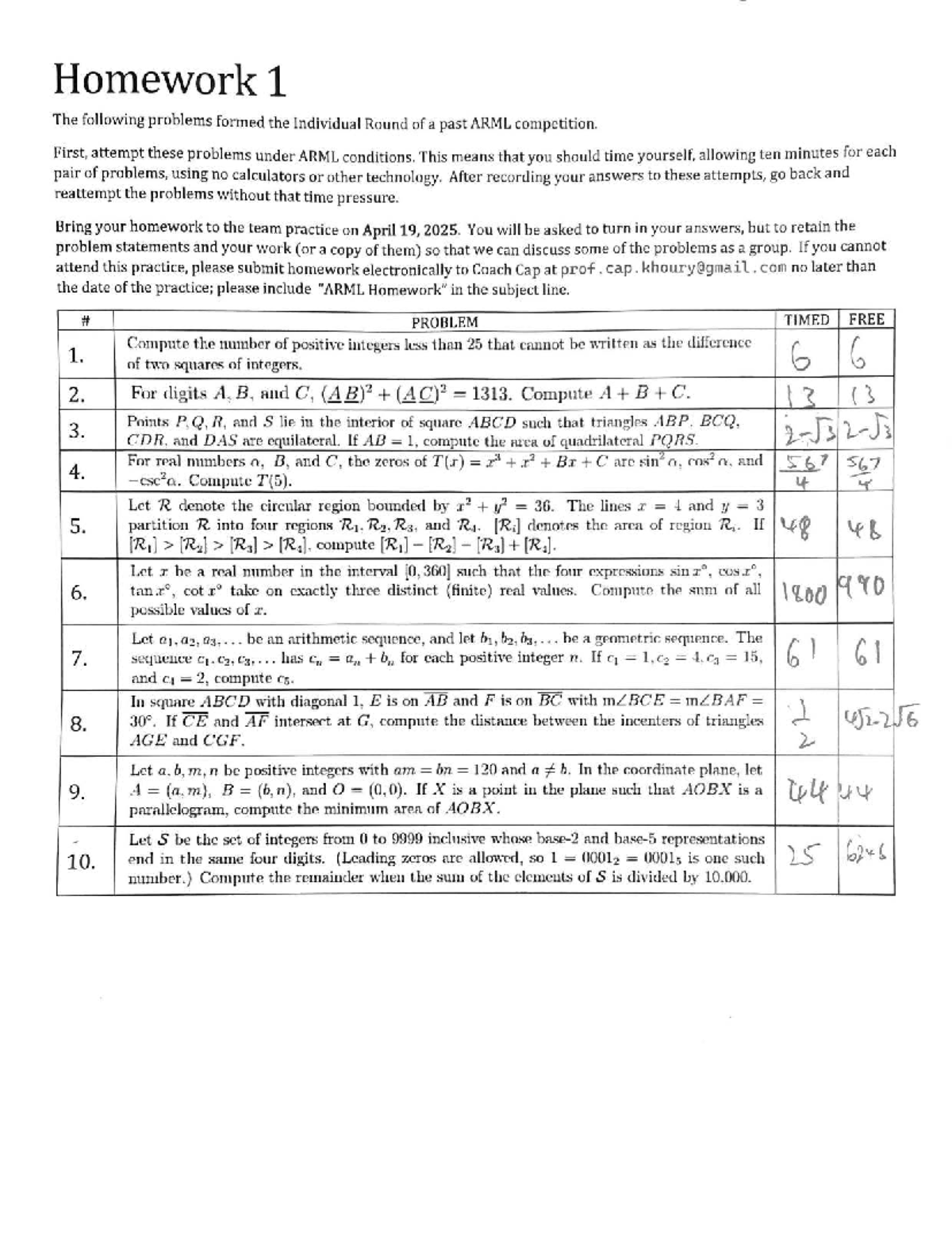 ARML Individual Round Homework 1: Problem Set & Solutions - Studocu
