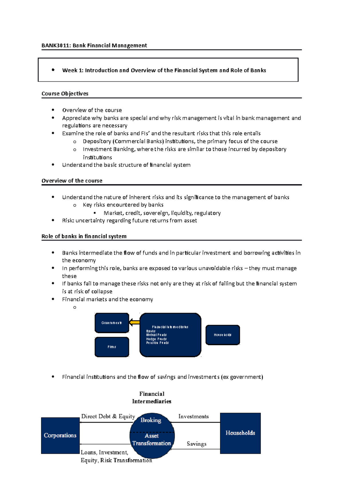 BANK3011 Lecture Notes: Bank Financial Management Overview (Weeks 1-13 ...