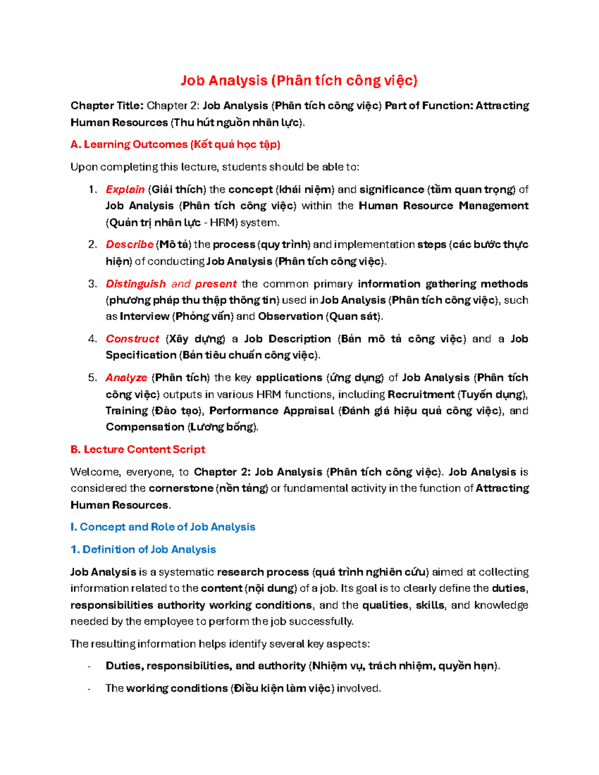Job Analysis Lecture Notes (Phân tích công việc) - Chapter 2 - Studocu