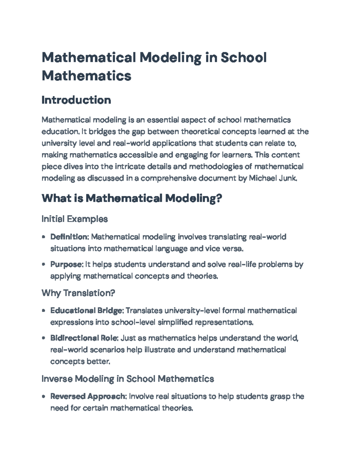 Mathematical Modeling in School Mathematics: Insights and Applications ...