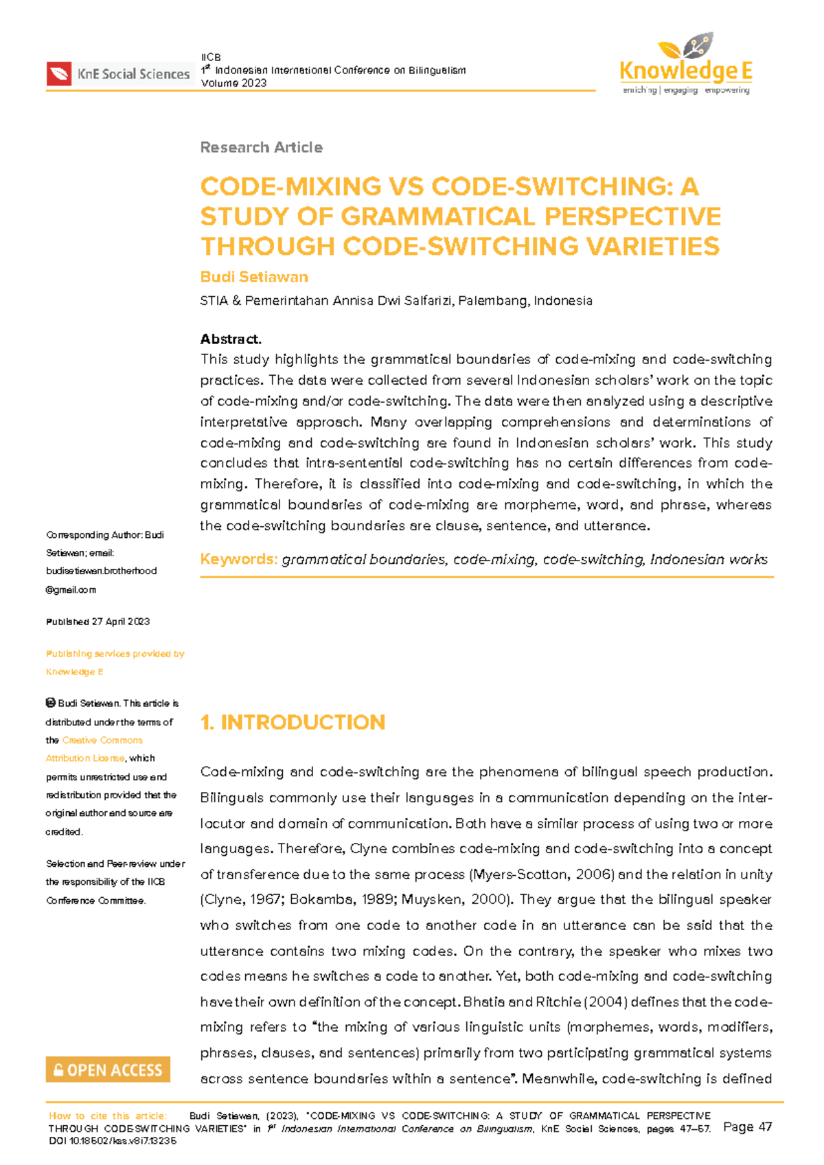 Code-Mixing vs Code-Switching: Grammatical Boundaries Study (IICB 2023 ...