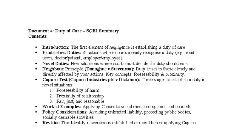 SQE1 Duty of Care: Tort Law Summary & Key Concepts - Studocu