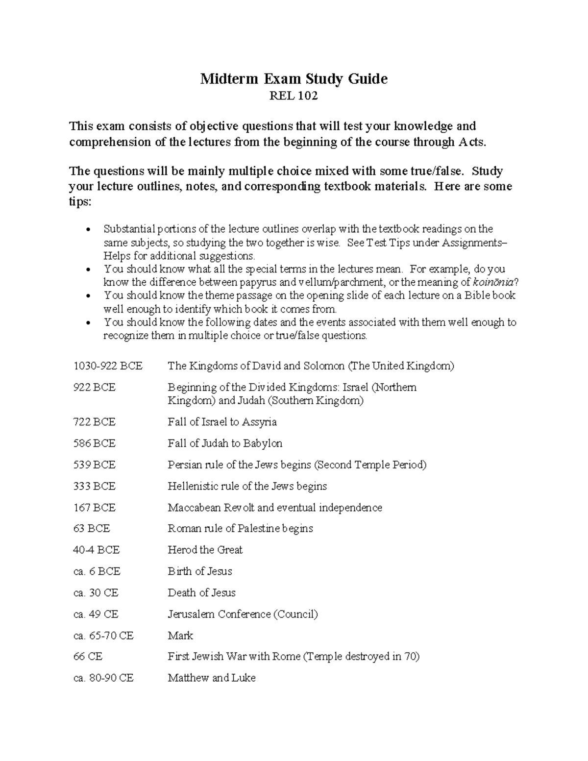 Midterm Exam Study Guide REL 102: Key Concepts & Dates - Studocu