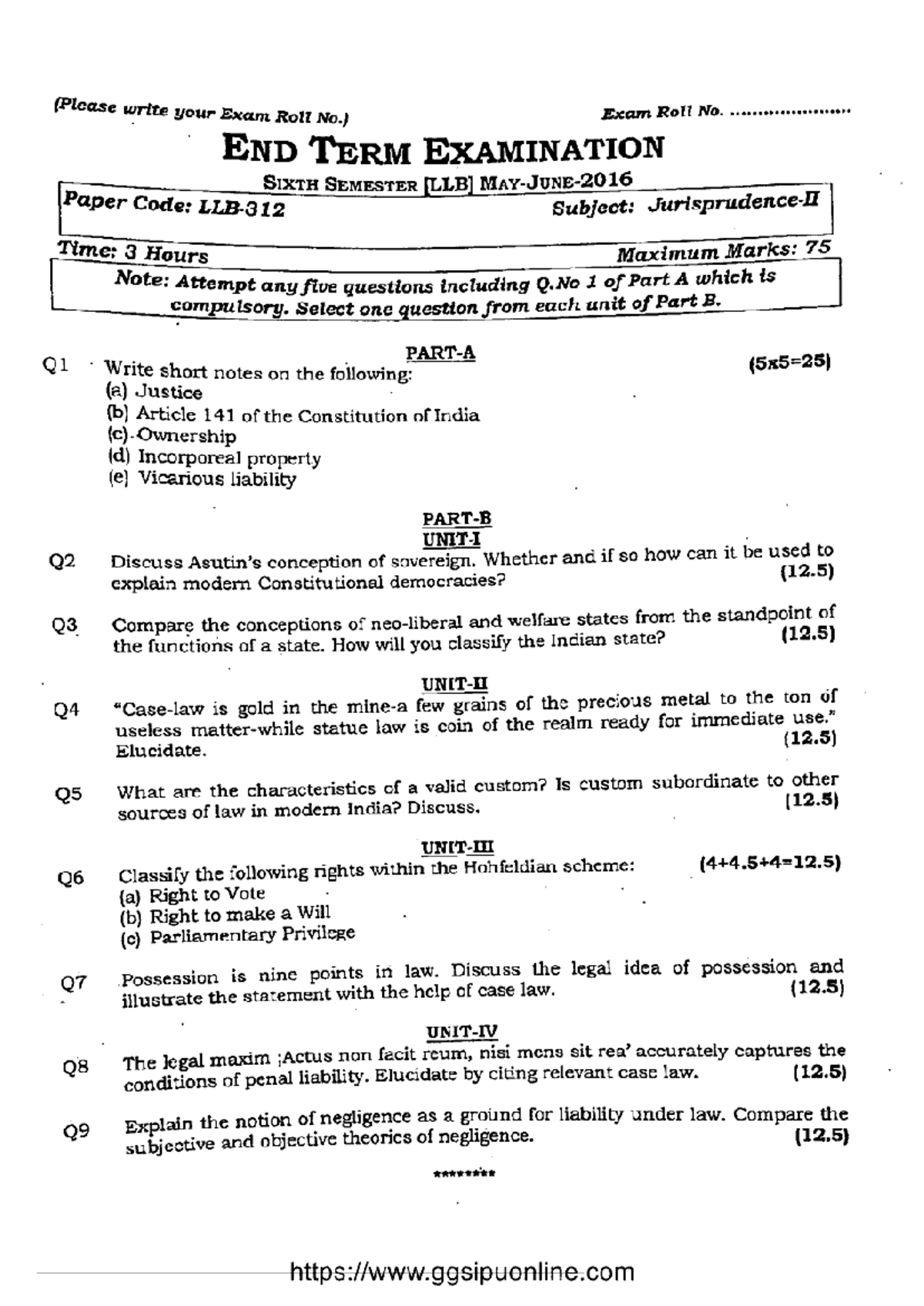Llb 6 Sem Jurisprudence 2 LLB 312 End Term Exam June 2016 - Studocu