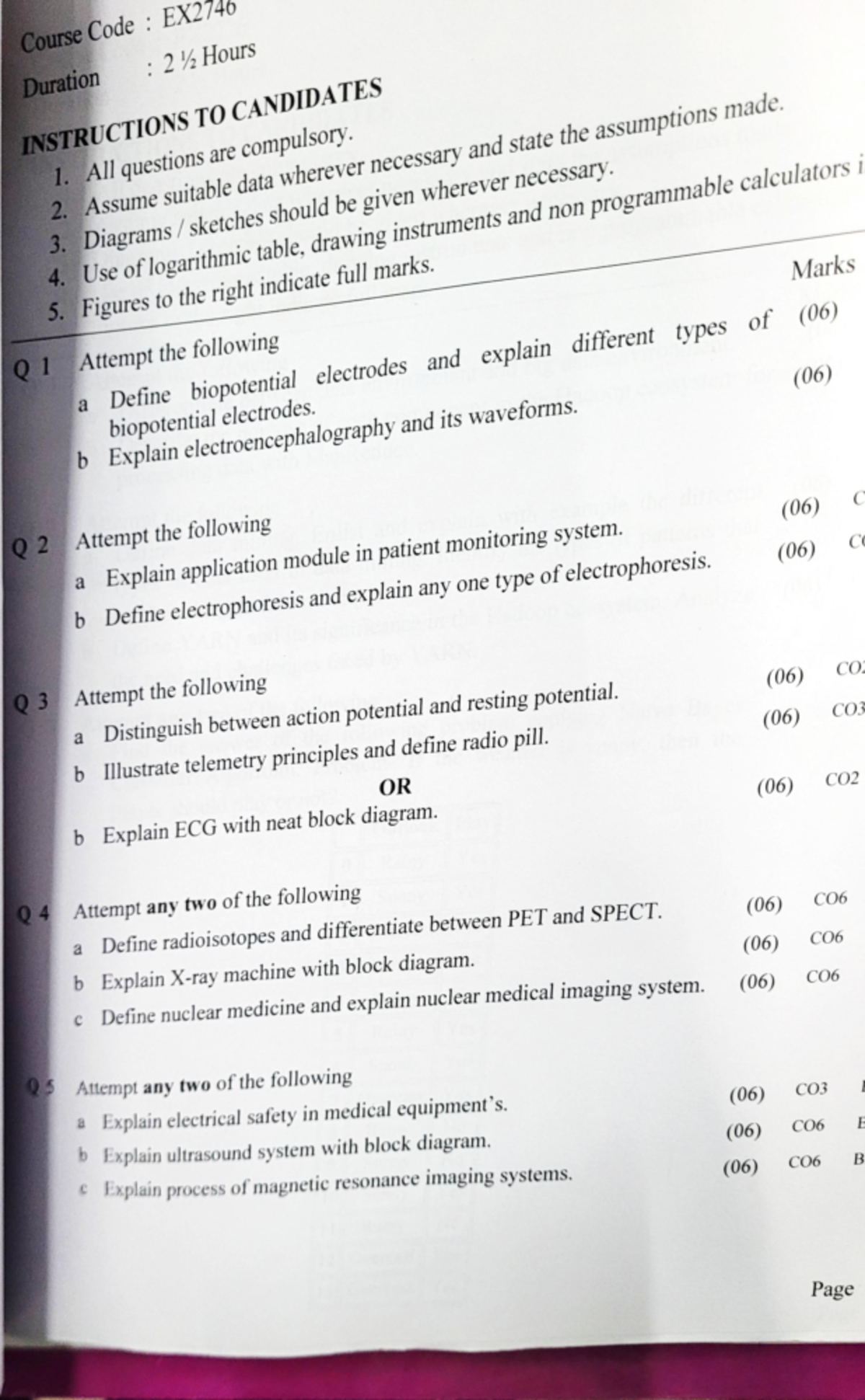 final year pyq for practice - Course Code : EX2746 Duration : 2 Hours ...