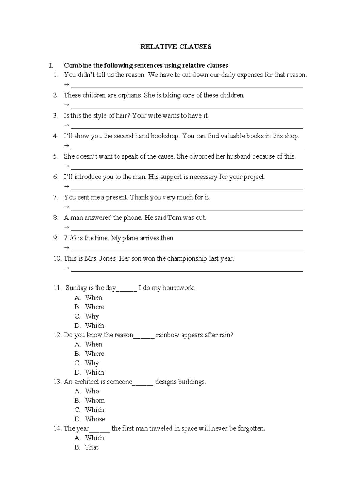 Relative Clauses Practice Exercises - ENG 101 - Studocu