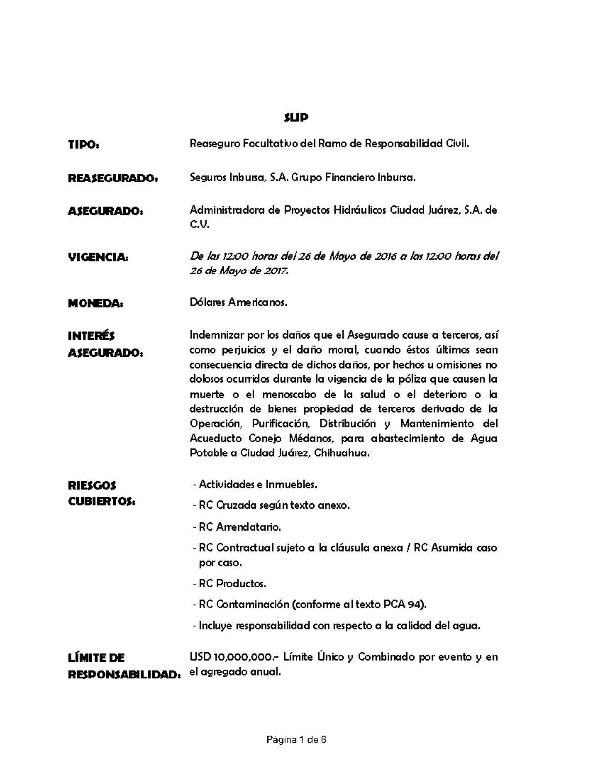 Slip de Cotización de Reaseguro para Responsabilidad Civil - 2016-2017 ...
