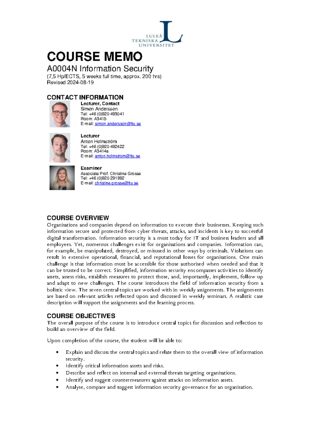 A0004N Course Memo: Info Security Overview & Key Details 2024 - Studocu