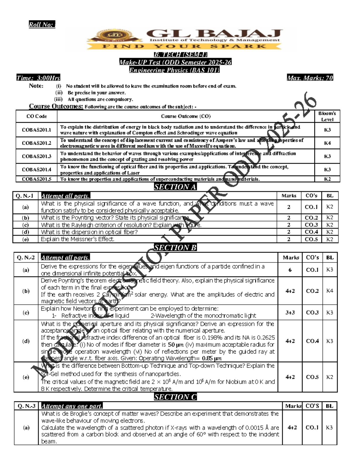 Model Question Paper for BAS 101: Engineering Physics (Make-Up ODD 2025 ...