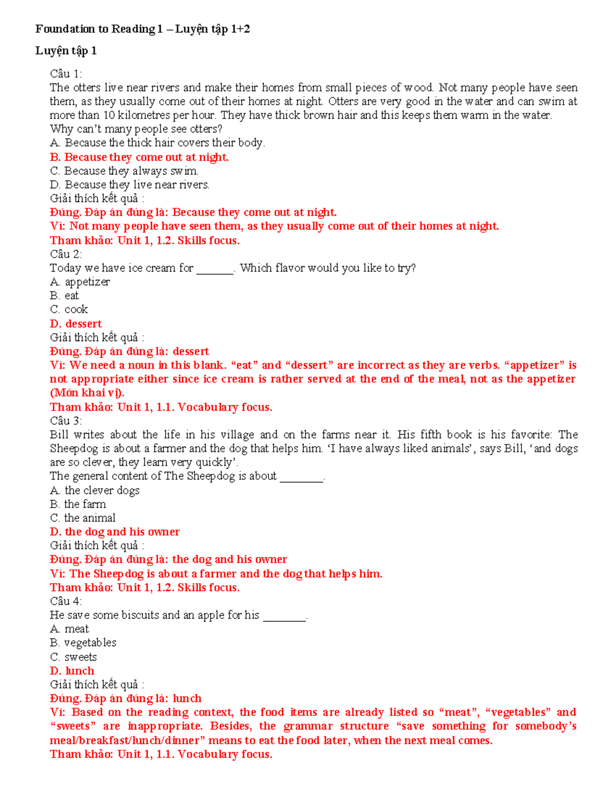 Luyện tập 1+2 - Foundation to Reading 1: Skills Focus Exercises - Studocu