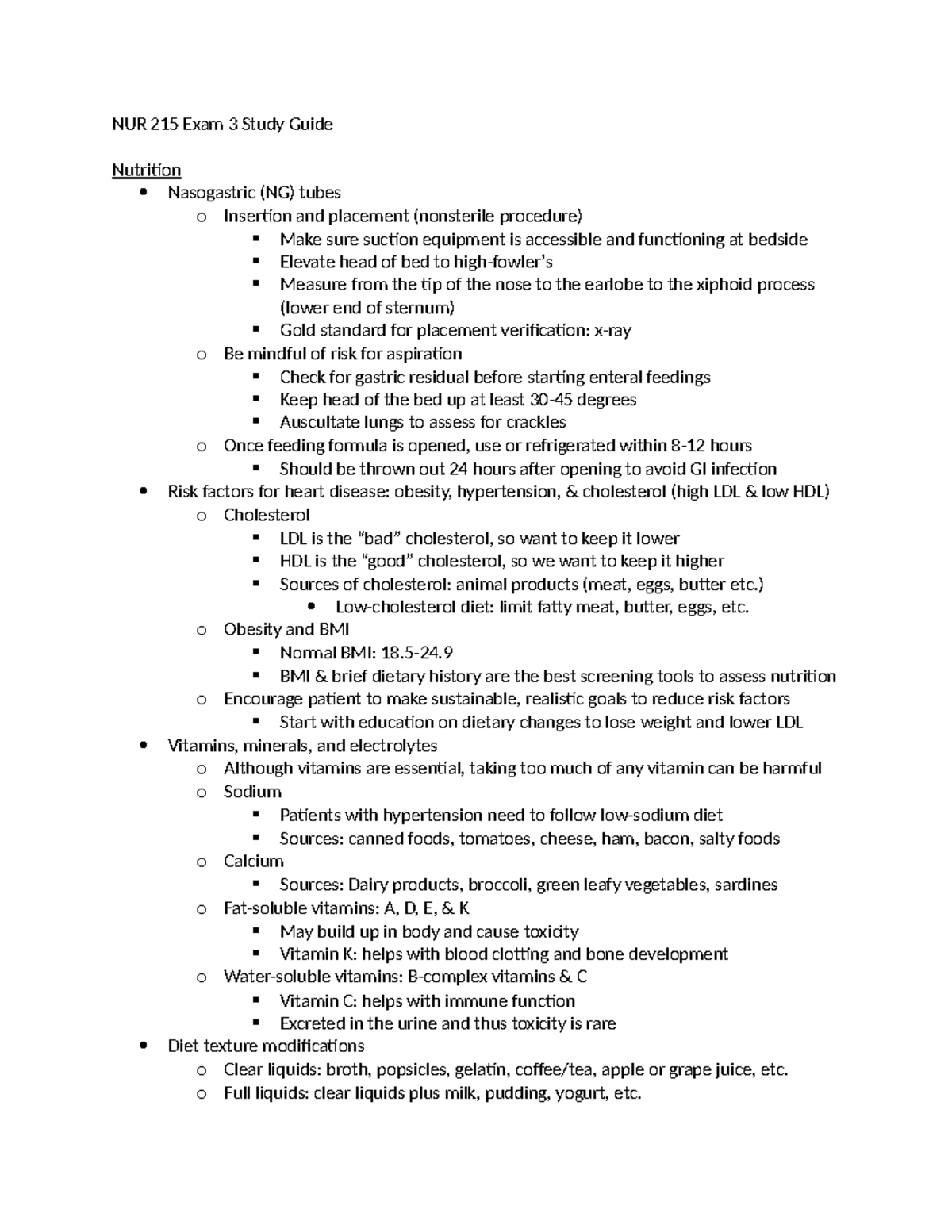 NUR 215 Exam 3 Study Guide: Nutrition, NG Tubes, and Patient Care - Studocu
