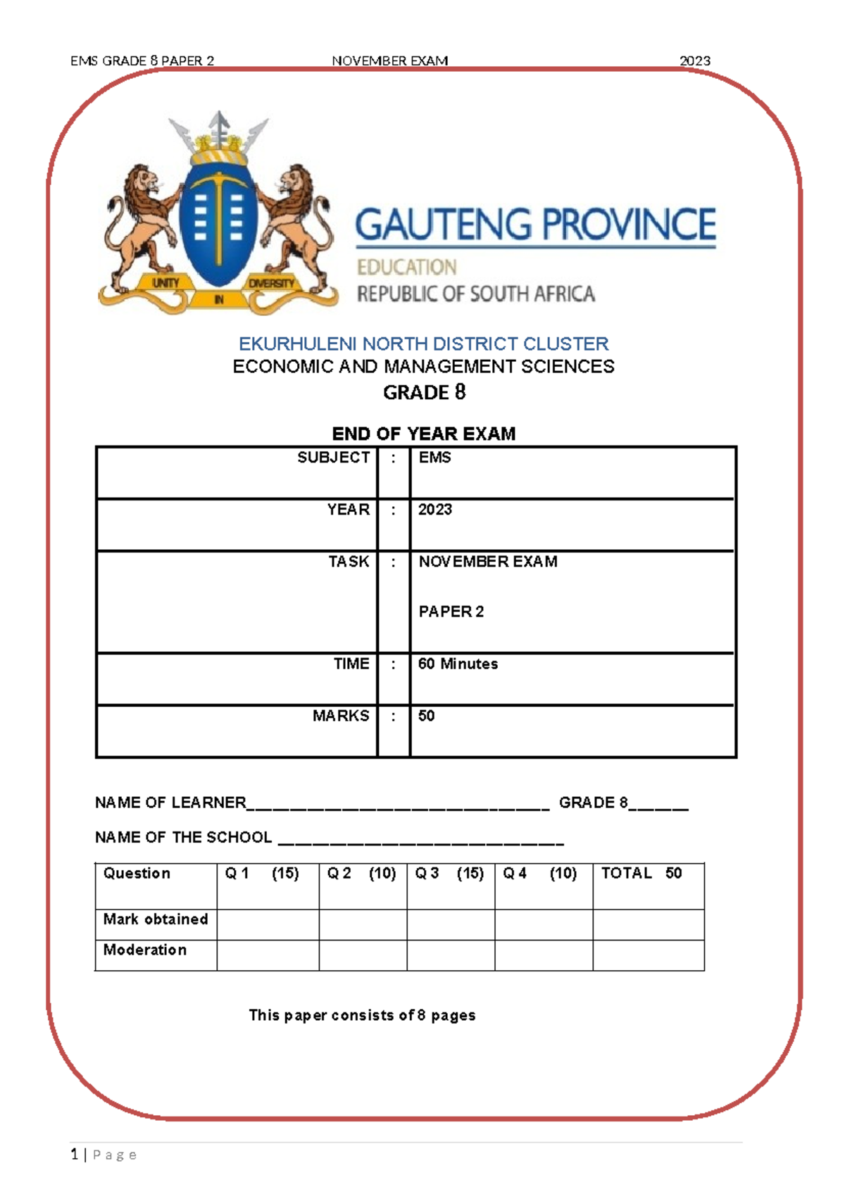 GR8 EMS P2 NOV Exam 2023 - Economic & Management Sciences - Studocu
