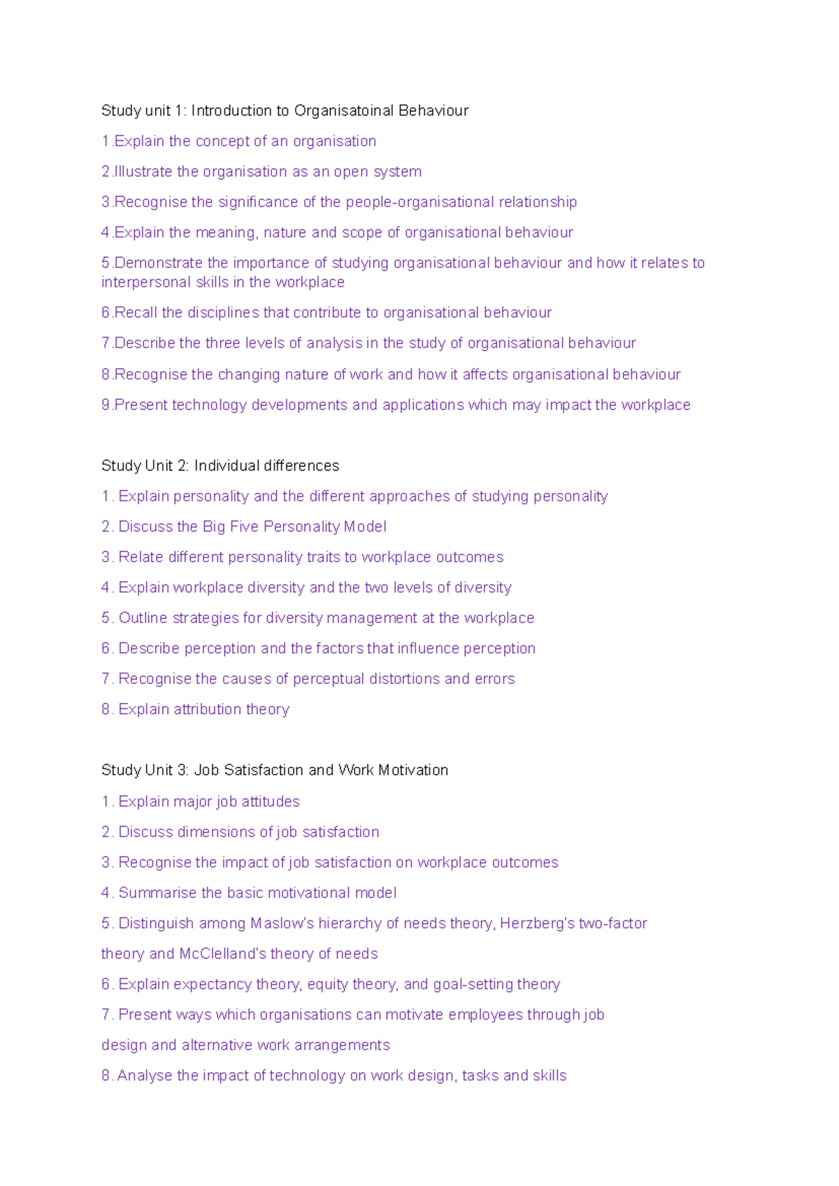 Learning objectives - exam notes - Study unit 1: Introduction to ...