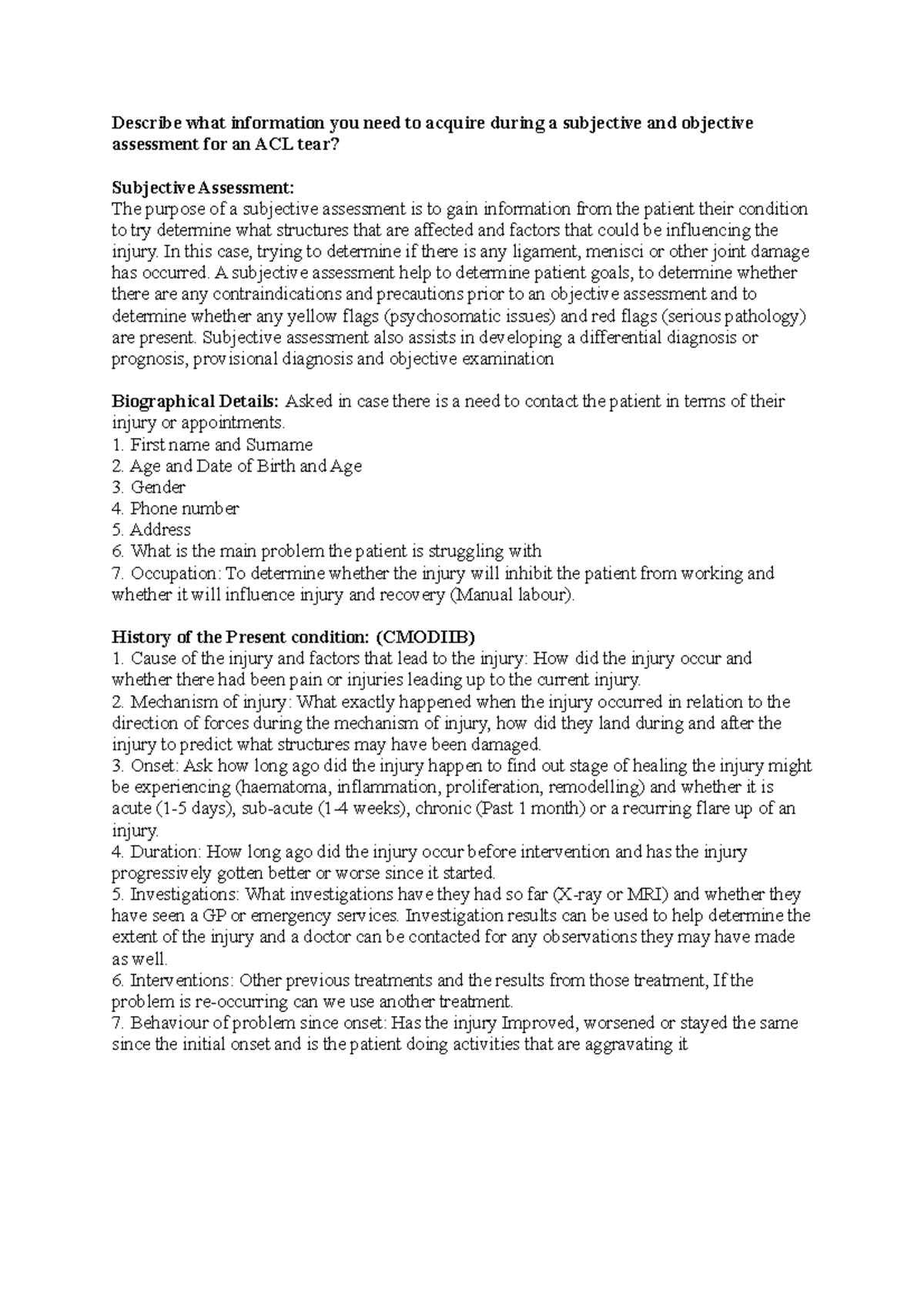 ACL Tear Assessment: Subjective and Objective Evaluation Notes - Studocu